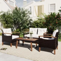 FURNIinspire Patio Seating Sets 4-Pieces Outdoor Wicker Seating Set, Conversation Sofa Set, Sofa Set And Wood Table, Brown And Beige, 46β*25β*28β