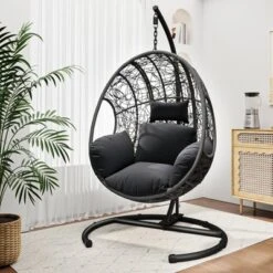 FURNIinspire Patio Swings Hanging Chair With Seat Cushion For Relaxation, Outdoor Indoor Wicker Swing Egg Chair With Stand, Gray, 42β*47"*73"