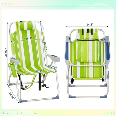 FURNIinspire Outdoor Portable Chair Adjustable Back With Storage Pockets For Comfort And Relaxation, Green Stripes, 24.8"*27.56"*38.98" 4 FURNIinspire Outdoor Portable Chair Adjustable Back With Storage Pockets For Comfort And Relaxation, Green Stripes, 24.8"*27.56"*38.98" - Image 2