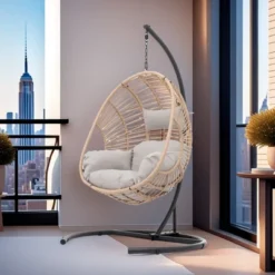 FURNIinspire Patio Swings Wicker Swing Egg Chair With Stand, Outdoor Indoor Hanging Chair With Beige Seat Cushion, Natural Color, 42“*47"*73" -Home Haven Furniture Store GUEST 088f6f4e 0b7d 4e8c 9491 51a97521f158