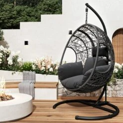 FURNIinspire Patio Swings Hanging Chair With Seat Cushion For Relaxation, Outdoor Indoor Wicker Swing Egg Chair With Stand, Gray, 42“*47"*73" -Home Haven Furniture Store GUEST 0a608960 767f 4b76 921f 4e8c34ac05d2