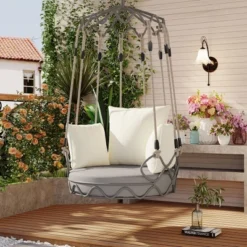 FURNIinspire Patio Swings Outdoor Porch Swing Chair Hanging Basket For Backyard, Garden, Hanging Chair With UV Resistant Cushion, Beige, 34"*32"*77" -Home Haven Furniture Store GUEST 0c06a601 2fd3 4985 9a0c 29d38b121ed5