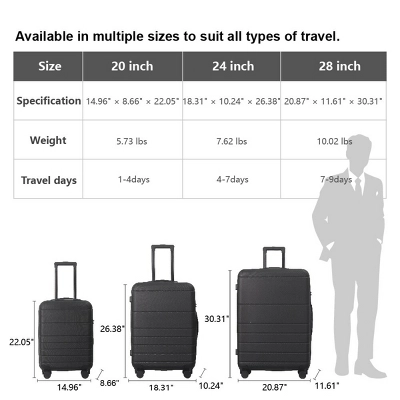 FURNIinspire Bag And Luggage Sets 3 Piece Travel Hard Shell Luggage, Lightweight Rolling Suitcases With Wheels, Black , 20.87"*11.61"*30.31" 4 FURNIinspire Bag And Luggage Sets 3 Piece Travel Hard Shell Luggage, Lightweight Rolling Suitcases With Wheels, Black , 20.87"*11.61"*30.31" - Image 2