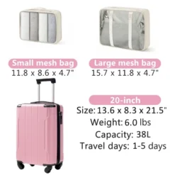 FURNIinspire Bag And Luggage Sets 20 Inch Luggage Set, Lightweight Checked Suitcase With 2 Mesh Bag Travel Business, Pink, 8.3"*13.6"*21.5" -Home Haven Furniture Store GUEST 1040deb3 f9f4 474e b166 7477174b3278