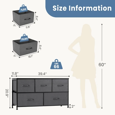 FURNIinspire Dressers 5 Drawer Fabric Tall Dresser Tower Closet Storage Chest Of Drawers For Bedroom Nursery, Grey, 11.8"*39.4"*20.9" 4 FURNIinspire Dressers 5 Drawer Fabric Tall Dresser Tower Closet Storage Chest Of Drawers For Bedroom Nursery, Grey, 11.8"*39.4"*20.9" - Image 2