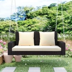 FURNIinspire Patio Swings Wicker Hanging Porch Swing With Chains With Cushion And Pillow, Patio Swing For Backyard, Brown And Beige, 50"*22"*21" -Home Haven Furniture Store GUEST 18af9076 bfb1 4fcf 8097 459c0b56978d