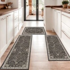 FURNIinspire Floor Mats Home 3 Piece Kitchen Rug Machine Washable Floor Mat For Living Room, Vintage Carpet, Non Slip, Grey, 60"*20"