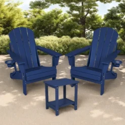 FURNIinspire Patio Seating Sets Folding Adirondack Chairs With Side Table, 3-Piece Rocking Chairs Set With Wood Texture, Blue, 30β*28β*35β