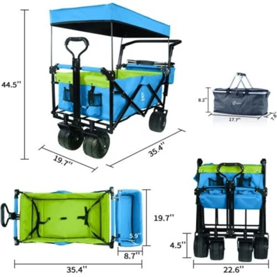 FURNIinspire Outdoor Serving Carts Collapsible Wagon Foldable With Removable Canopy Wheels For All-Terrain Brake For Camping, Blue, 35.4"*19.7"*44.5" 4 FURNIinspire Outdoor Serving Carts Collapsible Wagon Foldable With Removable Canopy Wheels For All-Terrain Brake For Camping, Blue, 35.4"*19.7"*44.5" - Image 2
