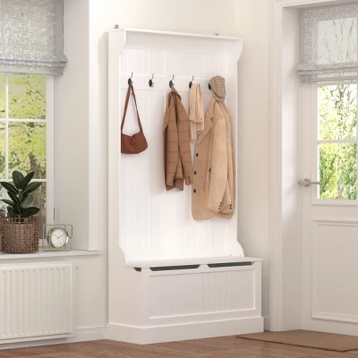 FURNIinspire Hall Trees Standing Clothes Rack Coat Rack Entryway Bench With Shoe Storage, 5 Hooks, Entryway Organizer, White, 13.4"*37.8"*70.9" 3 FURNIinspire Hall Trees Standing Clothes Rack Coat Rack Entryway Bench With Shoe Storage, 5 Hooks, Entryway Organizer, White, 13.4"*37.8"*70.9"