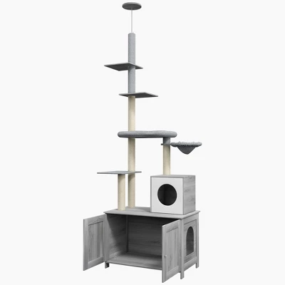FURNIinspire Pet Tower Cat Playhouse Cat Tree Cat Tower With Litter Box Enclosure, Hammock, Scratching Posts, Platforms, Gray, 31.5"*18.9"*102.4" 3 FURNIinspire Pet Tower Cat Playhouse Cat Tree Cat Tower With Litter Box Enclosure, Hammock, Scratching Posts, Platforms, Gray, 31.5"*18.9"*102.4"