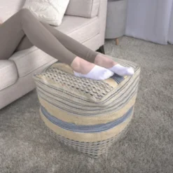 FURNIinspire Ottomans And Benches Handcrafted Fabric Pouf With Natural Textures Elegant Design For Modern Living Spaces, Beige, 16"*16"*16"