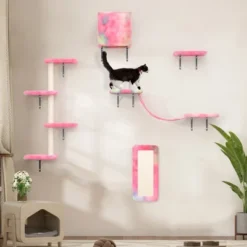 FURNIinspire Pet Tower Wall Mounted Cat Tree, 5 Pcs Cat Tower For Kittens, Modern Cat Furniture, Pink, 19.75"*7.85"*38.25" -Home Haven Furniture Store GUEST 2c9c56b9 113e 487a b22e f4a98a538b9b