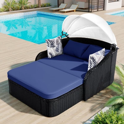 FURNIinspire Patio Chaise Lounges Outdoor Sunbed With Adjustable Canopy, Patio Chaise Lounge, Black Wicker Daybed And Blue Cushion, 79.9“*52.4"*49.6" 7 FURNIinspire Patio Chaise Lounges Outdoor Sunbed With Adjustable Canopy, Patio Chaise Lounge, Black Wicker Daybed And Blue Cushion, 79.9“*52.4"*49.6" - Image 5