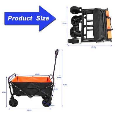 FURNIinspire Wheelbarrows And Lawn Carts Outdoor Mini Folding Wagon Garden Shopping Beach Cart, Lawn Cart With Handle, Black And Orange, 30“*15"*36" 4 FURNIinspire Wheelbarrows And Lawn Carts Outdoor Mini Folding Wagon Garden Shopping Beach Cart, Lawn Cart With Handle, Black And Orange, 30“*15"*36" - Image 2