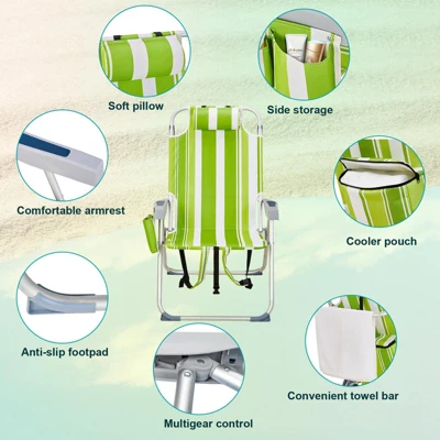 FURNIinspire Outdoor Portable Chair Adjustable Back With Storage Pockets For Comfort And Relaxation, Green Stripes, 24.8"*27.56"*38.98" 5 FURNIinspire Outdoor Portable Chair Adjustable Back With Storage Pockets For Comfort And Relaxation, Green Stripes, 24.8"*27.56"*38.98" - Image 3