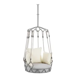 FURNIinspire Patio Swings Outdoor Porch Swing Chair Hanging Basket For Backyard, Garden, Hanging Chair With UV Resistant Cushion, Beige, 34"*32"*77"