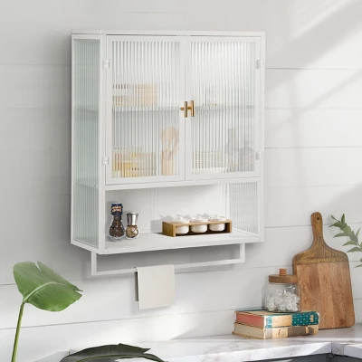 FURNIinspire Kitchen And Dining Cabinets Modern Wall Cabinet Closet Pantry Cabinets With Glass Door, Shelf, Towel Rack, White, 9.06"*23.62"*30.71"