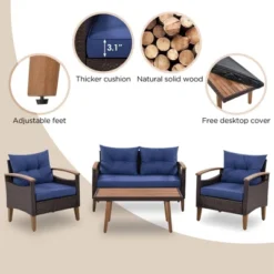 FURNIinspire Patio Seating Sets 4-Pieces Outdoor Wicker Seating Set, Conversation Sofa Set, Sofa Set And Wood Table, Brown And Blue, 46“*25”*28“ -Home Haven Furniture Store GUEST 348a1ef8 0897 40e9 b158 4ae925644b93