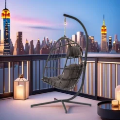 FURNIinspire Patio Swings Outdoor Indoor Outdoor Wicker Hanging Chair Swing Chair Egg Chair, Patio Swing With Gray Cushion, Gray, 36“*36"*77" -Home Haven Furniture Store GUEST 3541a914 6e24 4643 9d20 55779d9cd4c4