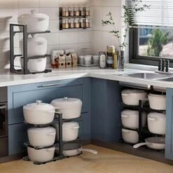 FURNIinspire Pots And Pans Organizer Stainless Steel Pots Organizer Rack For Cookware, Pots Rack For Kitchen Storage, Black, 9.75"*17.55"*2.34"