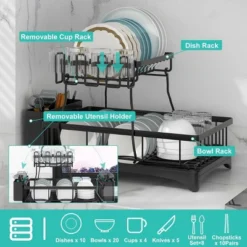 FURNIinspire Dish Racks 2-Tier Kitchen Holder Dish Drying Rack Detachable Drainer Organizer Utensil Cup Rack Swivel, Black, 17.36"*12.68"*4.29" -Home Haven Furniture Store GUEST 39955703 5953 4848 b107 66aba2f06591