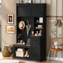 FURNIinspire Hall Trees Clothes Rack Hat Organizer Coat Rack Entryway Bench With 3 Shelves, Drawers, 3 Hooks For Hallway, Black, 16.5"*40.2"*71.3"