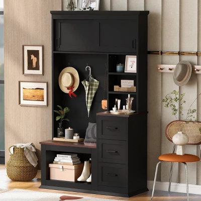 FURNIinspire Hall Trees Clothes Rack Hat Organizer Coat Rack Entryway Bench With 3 Shelves, Drawers, 3 Hooks For Hallway, Black, 16.5"*40.2"*71.3" 3 FURNIinspire Hall Trees Clothes Rack Hat Organizer Coat Rack Entryway Bench With 3 Shelves, Drawers, 3 Hooks For Hallway, Black, 16.5"*40.2"*71.3"