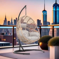 FURNIinspire Patio Swings Wicker Swing Egg Chair With Stand, Outdoor Indoor Hanging Chair With Beige Seat Cushion, Natural Color, 42“*47"*73" -Home Haven Furniture Store GUEST 3f7de621 b8d2 470f 9d09 f233f0f620a5