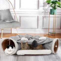 FURNIinspire Pet Crates And Houses, Patio Seating Sets, Washable Cat Hide Tunnel With Hanging Toys And Cushion Mat, Gray, 41.34"*23.62"*10.63"