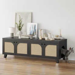 FURNIinspire Pet Crates And Houses Double Large Hidden Cat Litter Box Enclosure Furniture Cabinet With Rattan Doors, Black, 57.9"*19.7"*19.7" -Home Haven Furniture Store GUEST 469a3c8a 2a5b 403f 99dc 17c5fb157483