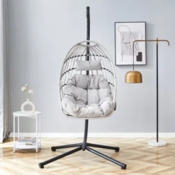 FURNIinspire Patio Swings Hanging Chair With Wicker Weave, Single Person Swing With Seat Cushion For Indoor And Outdoor, Gray, 37“*37"*79" -Home Haven Furniture Store GUEST 48525dfa c243 4054 ab7b b0d7cca55b51