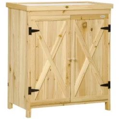 FURNIinspire Utility Storage Cabinet Garden Storage Cabinet Outdoor Tool Shed With Galvanized Top And Two Shelves, Natural Wood, 38.00"*20.10"*12.60" -Home Haven Furniture Store GUEST 4982bb63 2394 4628 826d 5fd6073ca4b9