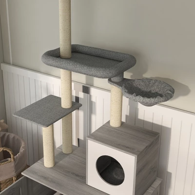 FURNIinspire Pet Tower Cat Playhouse Cat Tree Cat Tower With Litter Box Enclosure, Hammock, Scratching Posts, Platforms, Gray, 31.5"*18.9"*102.4" 5 FURNIinspire Pet Tower Cat Playhouse Cat Tree Cat Tower With Litter Box Enclosure, Hammock, Scratching Posts, Platforms, Gray, 31.5"*18.9"*102.4" - Image 3
