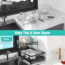 FURNIinspire Dish Racks 2-Tier Kitchen Holder Dish Drying Rack Detachable Drainer Organizer Utensil Cup Rack Swivel, Black, 17.36"*12.68"*4.29" -Home Haven Furniture Store GUEST 510a61f3 36a6 4e74 b7fa 14a5b800f086