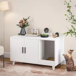 FURNIinspire Pet Crates And Houses, Multi-Functional Cat Cabinet, Comfortable Cat Space With Entrances, For Home, White, 33.5"*18.5"*19.9"