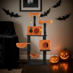 FURNIinspire Pet Tower Halloween Tall Cat Tree Cute Large Cat Tower Stand Multi-Level Cat Activities Furniture Indoor, Orange, 23.23"*17.27"*60.45"