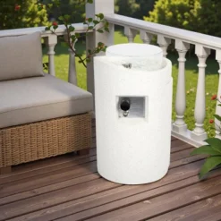 FURNIinspire Outdoor Fireplaces Backyard Cylindrical Terrazzo Gas Stove Patio Fire Pit Camping Accessories Outdoor Heater, White, 16.1"*16.1"*25.8" -Home Haven Furniture Store GUEST 5633d203 196d 45f1 b657 ebaef8f535d3