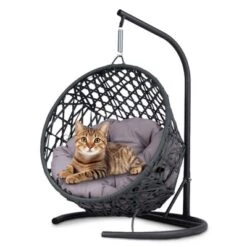 FURNIinspire Pet Beds Cat Swing Bed With Stand, Cushion, Rattan Wicker Cat Egg Chair, Indoor Cooling Pet Bed Dog Bed, Gray, 19.3"*19.3"*28.7"