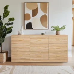 FURNIinspire Dressers Modern Natural 9 Drawer Dresser For Bedroom, Living Room, Nursery, Wooden Closet Storage Chest, Brown, 63"*15.55"*30.31" -Home Haven Furniture Store GUEST 5b2f2972 667d 41f5 b442 3ef1760d855f