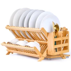 FURNIinspire Kitchen Racks 3 Tier Bamboo Dish Rack, Foldable Wood Dish Drying Rack Kitchen Organizer With Utensil Holder, Brown, 16.1"*9.8"*9.6" -Home Haven Furniture Store GUEST 6142340f 40c9 4a54 850f ff208de2c32a