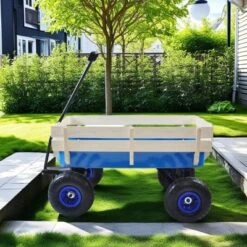 FURNIinspire Wheelbarrows And Lawn Carts Outdoor Wagon Pulling Air Tires Garden Cart, Lawn Cart With Pull Handle, Blue, 39β*19"*20"