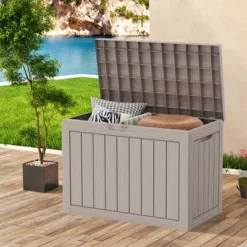 FURNIinspire Deck Boxes 45 Gallon Deck Box, Outdoor Waterproof Storage Bin, Storage Deck Box, All Weather Use, Light Brown, 17“*31”*22“