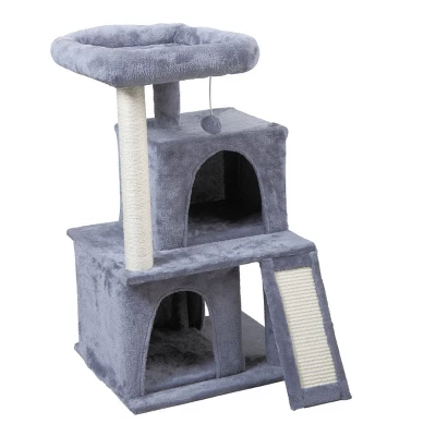 FURNIinspire Pet Tower Double Layer Cat Tree With Cat House And Ladder Light, Modern Cat Furniture, Gray, 19.70"*17.70"*34.00" 7 FURNIinspire Pet Tower Double Layer Cat Tree With Cat House And Ladder Light, Modern Cat Furniture, Gray, 19.70"*17.70"*34.00" - Image 5