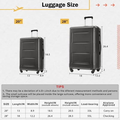 FURNIinspire Bag And Luggage Sets 2 Piece Luggage Set With Bags Spinner Wheels Abs Lightweight Suitcase With TSA Lock, Black, 18"*12"*28" 4 FURNIinspire Bag And Luggage Sets 2 Piece Luggage Set With Bags Spinner Wheels Abs Lightweight Suitcase With TSA Lock, Black, 18"*12"*28" - Image 2