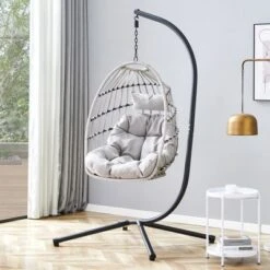 FURNIinspire Patio Swings Hanging Chair With Wicker Weave, Single Person Swing With Seat Cushion For Indoor And Outdoor, Gray, 37β*37"*79"