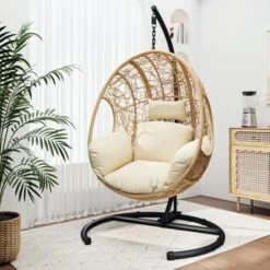 FURNIinspire Patio Swings Hanging Chair With Beige Seat Cushion, Outdoor Indoor Wicker Swing Egg Chair With Stand, Natural Color, 42“*47"*73" -Home Haven Furniture Store GUEST 6f9b6ecc c2a9 4930 904a ba5ad9603f84