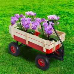 FURNIinspire Wheelbarrows And Lawn Carts Outdoor Sport Wagon Tools Cart Wooden Side Panels Air Tires Wagon, Garden Cart With Handle, Red, 39“*16"*20" -Home Haven Furniture Store GUEST 6fc12188 5d1d 460b 974b 9d73d8145f0a