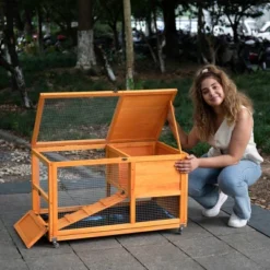 FURNIinspire Pet Crates And Houses, Tier Rabbit Hutch On Wheels, Openable Roof, Easy-to-Clean Tray, House For Small Animals, Orange, 38"*22"*6"