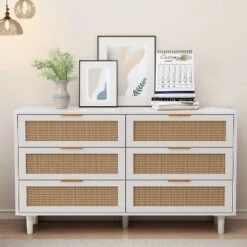 FURNIinspire Dressers Rattan Storage Cabinet Clothes Storage Cabinet With 6 Drawer For Bedroom Nursery, Large Capacity, White, 51.18"*15.75"*29.72" -Home Haven Furniture Store GUEST 75ffbf5c 8da5 4d7a adcd d9eda2b04f5e